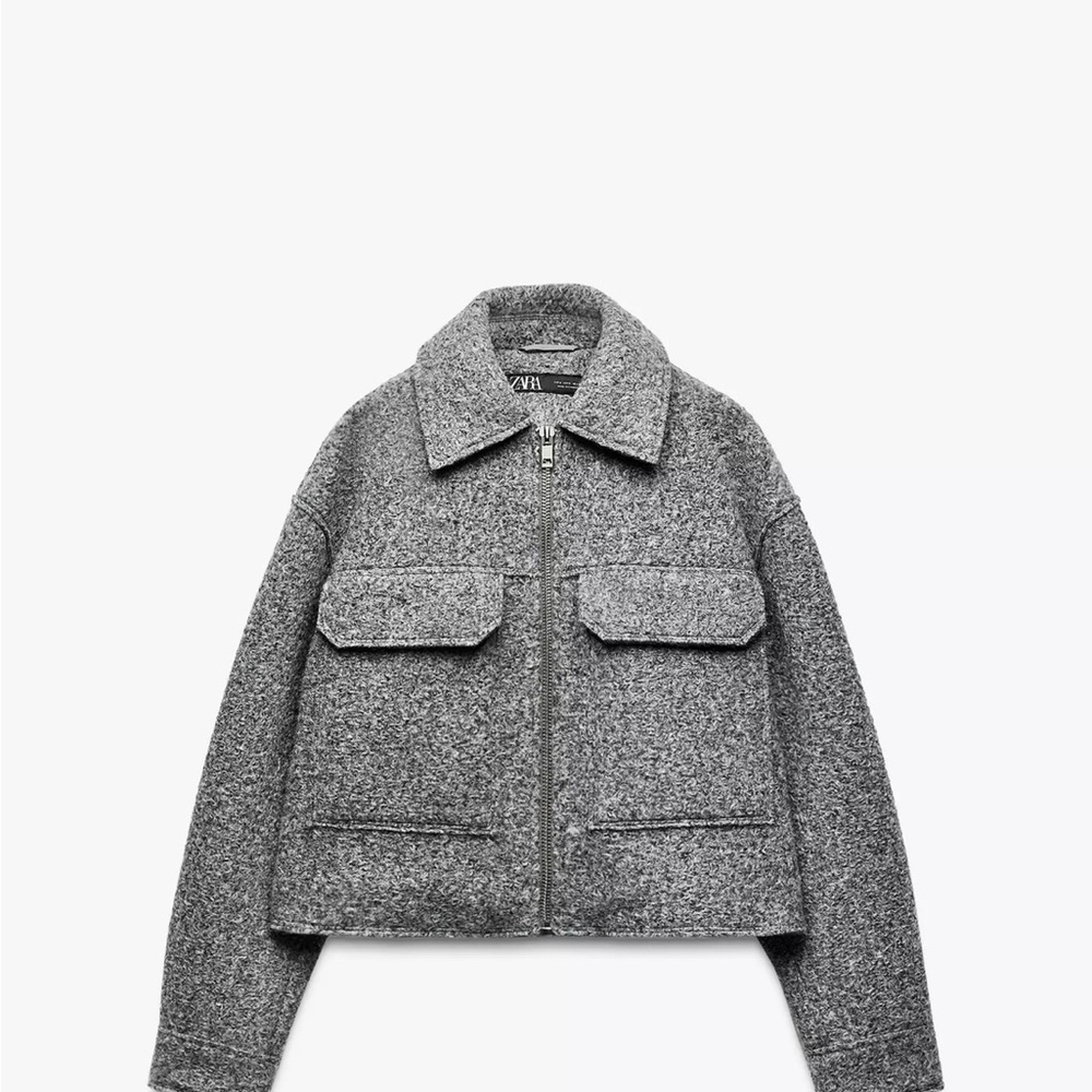 Zara Grey Cropped Bouclé Jacket